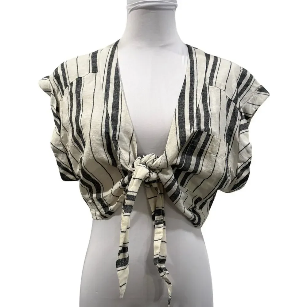 Free People Striped Tie Front Cropped Linen Blend Top Boho Cottagecore 6 NEW